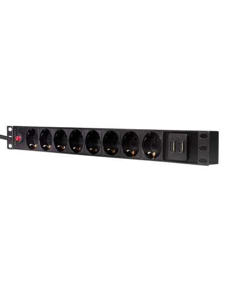 PDU LOGILINK 1U pt. rack 19 inch, 8 prize Schuko, intrare Schuko, max 16 A, on/off, protectie la supratensiune, 2 x USB 2.1A, 2