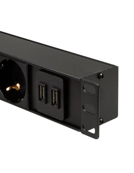 PDU LOGILINK 1U pt. rack 19 inch, 8 prize Schuko, intrare Schuko, max 16 A, on/off, protectie la supratensiune, 2 x USB 2.1A, 2