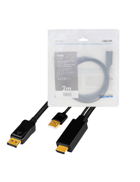 CABLU video LOGILINK, HDMI (T) 1.4 + USB (T) la DisplayPort (T) 1.2, 2m, conectori auriti, rezolutie maxima 4K (3840 x 2160) la