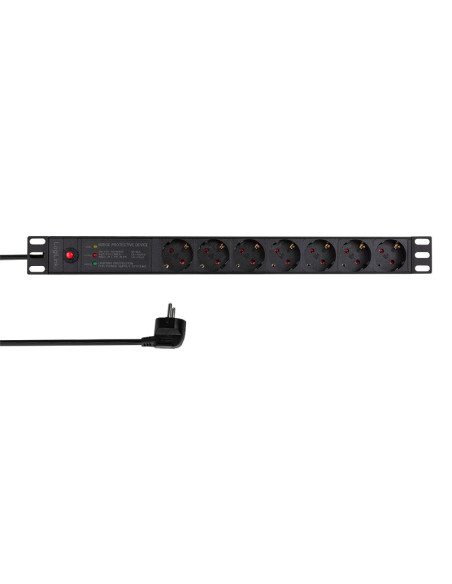 PDU LOGILINK 1U pt. rack 19 inch, 7 prize Schuko, intrare Schuko, max 16 A, ON/OFF, prot. suprasarcina, filtru de linie, IP20, 2