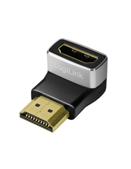 ADAPTOR video LOGILINK, HDMI (T) la HDMI (M), conectori auriti, rezolutie maxima 8K (7680 x 4320) la 60 Hz, 90 grade, negru-gri,