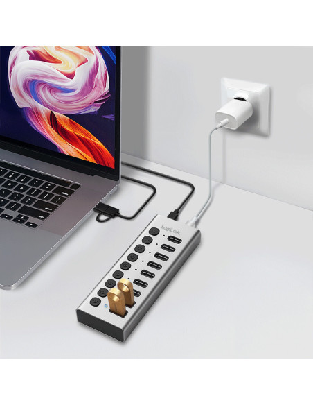HUB extern LOGILINK, porturi USB: USB 3.0 x 10, conectare prin USB-C 3.0, metal, argintiu, "UA0448"