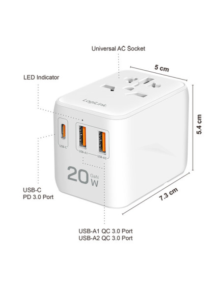 ALIMENTATOR retea 220V LOGILINK, universal, 1 x USB-C, 2 x USB-A, maxim 12V/1.67A, PD 20W, suport OCP/OVP/OHP/SCP, compatibil EU