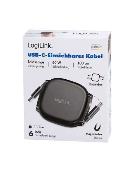 CABLU alimentare si date LOGILINK, pt. smartphone, USB 2.0, USB Type-C (T) la USB Type-C (T), 1m, PD 60W, 480Mbps, retractabil,