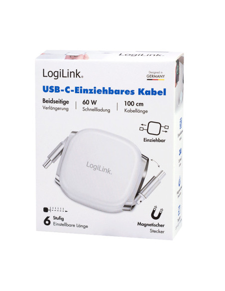 CABLU alimentare si date LOGILINK, pt. smartphone, USB 2.0, USB Type-C (T) la USB Type-C (T), 1m, PD 60W, 480Mbps, retractabil,
