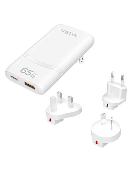 ALIMENTATOR retea 220V LOGILINK, universal, 1 x USB-C, 1 x USB-A, maxim 20V/3.25A, GaN 65W, tip travel: adaptor EU/UK/AU, suport