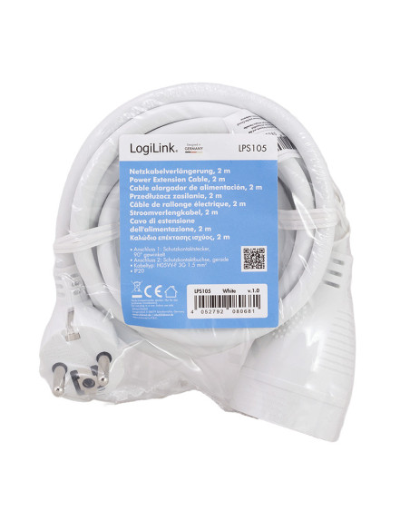 CABLU alimentare LOGILINK prelungitor, 2m, intrare Schuko (T) plug, iesire Schuko (M) plug 90 grade, 16A, 3500W, 3x1.5mm2, white