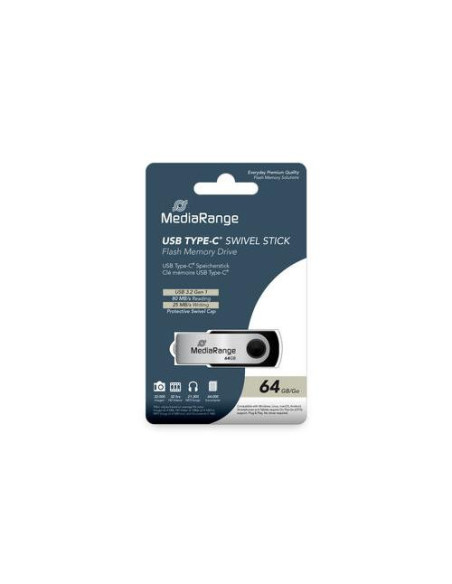MediaRange USB 3.2 Gen 1 Type-C Flash Memory Drive, Swivel Housing, Black/Silver, 64GB "MR1953"