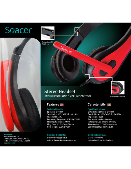 CASTI Spacer, cu fir, standard, utilizare multimedia, microfon pe brat, conectare prin Jack 3.5 mm x 2, negru / rosu, "SPK-507",