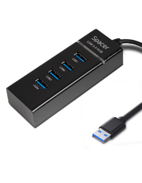HUB extern SPACER, porturi USB: USB 3.0 x 4, conectare prin USB 3.0, 1m lungime cablu, negru, 45507057 "SPH-4USB30-01"