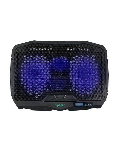 STAND SPACER notebook 17" Gaming, sita metal, Airflow: 72CFM, 2xfan 12.5cm, 2xfan 7cm, led blue, 2xUSB, Turatie reglabila, black