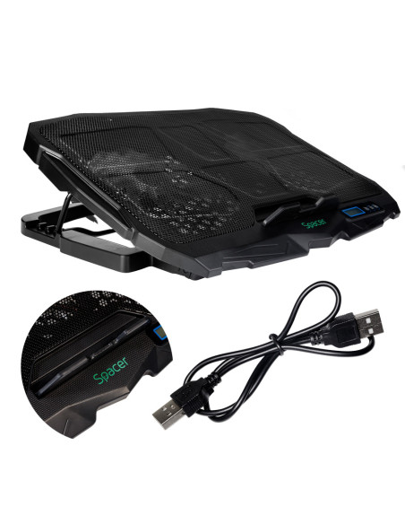 STAND SPACER notebook 17" Gaming, sita metal, Airflow: 72CFM, 2xfan 12.5cm, 2xfan 7cm, led blue, 2xUSB, Turatie reglabila, black