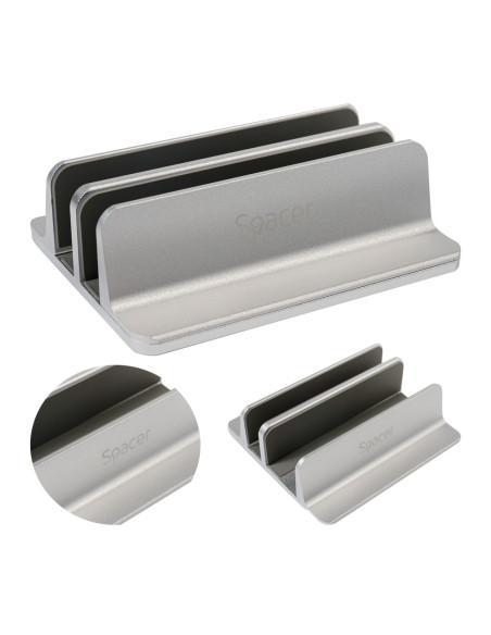 STAND SPACER vertical, notebook 14/17", dublu, protectie impotriva zgarieturilor, latime ajustabila, argintiu, aluminiu sablat,