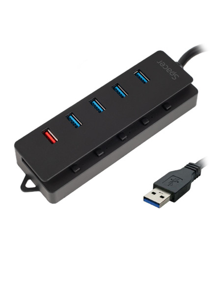 HUB extern SPACER, porturi USB: USB 3.0 x 4, Port USB Quick Charge x 1, conectare prin USB 3.0, Alimentare retea 220V,negru, "SP