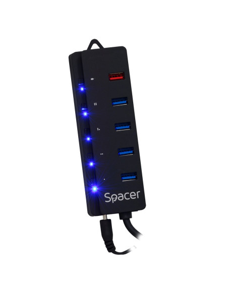 HUB extern SPACER, porturi USB: USB 3.0 x 4, Port USB Quick Charge x 1, conectare prin USB 3.0, Alimentare retea 220V,negru, "SP