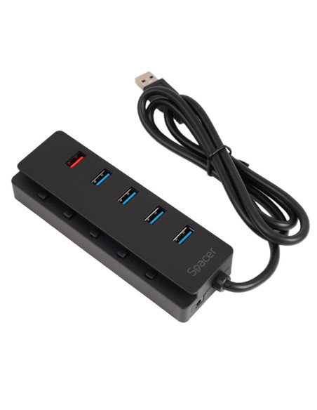 HUB extern SPACER, porturi USB: USB 3.0 x 4, Port USB Quick Charge x 1, conectare prin USB 3.0, Alimentare retea 220V,negru, "SP