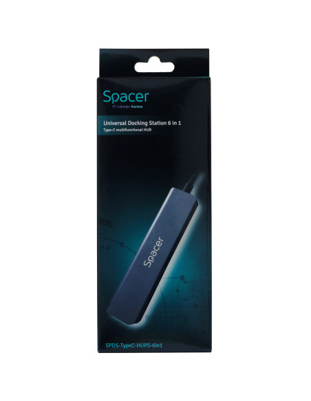 DOCKING Station Spacer universal 6 in 1, conectare Type-C, USB 3.0 x 2 PD 3.0 x 1 (87W), porturi video HDTV x 1, 4K (30Hz),SD ca