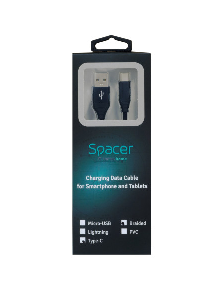 CABLU alimentare si date SPACER, pt. smartphone, USB 3.0 (T) la Type-C (T), Braided,2.1A ,Retail pack, 0.5m, black, "SPDC-TYPEC-