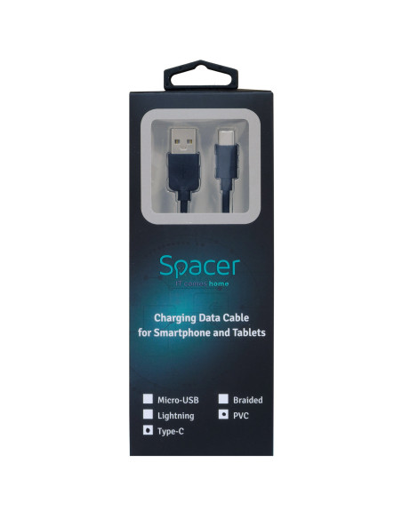 CABLU alimentare si date SPACER, pt. smartphone, USB 2.0 (T) la Type-C (T), PVC,2.1A,Retail pack, 1m, black, "SPDC-TYPEC-PVC-BK-