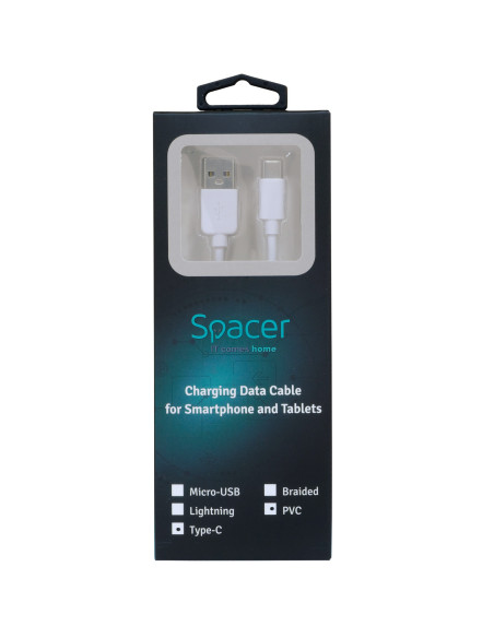 CABLU alimentare si date SPACER, pt. smartphone, USB 2.0 (T) la Type-C (T), PVC,2.1A,Retail pack, 1m, alb, "SPDC-TYPEC-PVC-W-1.0