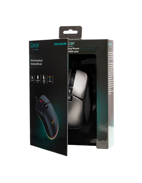 MOUSE Spacer - gaming, gaming, cu fir, USB, optic, rezolutie selectabila max. 8.000 dpi, butoane/scroll 7/1, iluminare RGB, negr