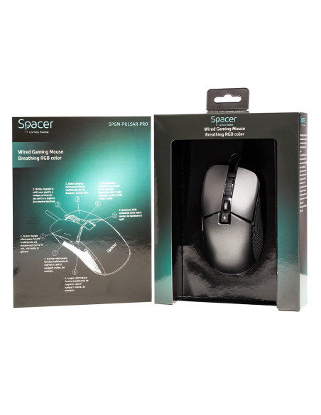 MOUSE Spacer - gaming, gaming, cu fir, USB, optic, rezolutie selectabila max. 8.000 dpi, butoane/scroll 7/1, iluminare RGB, negr