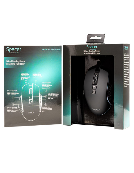 MOUSE Spacer - gaming, gaming, cu fir, USB, optic, 8.000 DPI, butoane/scroll 7/1, iluminare RGB, negru, "SPGM-PULSAR-SPEED"