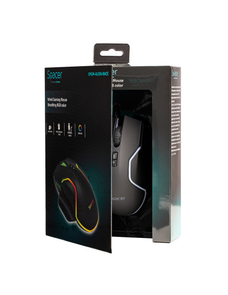 MOUSE Spacer - gaming, gaming, cu fir, USB, optic, 12.000 dpi, butoane/scroll 8/1, iluminare RGB, negru, "SPGM-ALIEN-RACE"