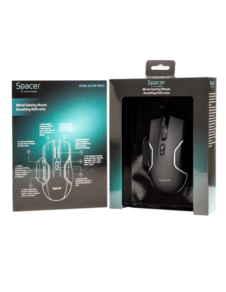 MOUSE Spacer - gaming, gaming, cu fir, USB, optic, 12.000 dpi, butoane/scroll 8/1, iluminare RGB, negru, "SPGM-ALIEN-RACE"