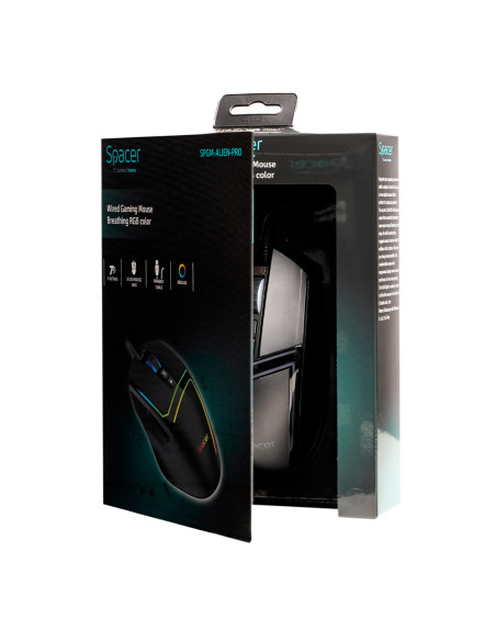 MOUSE Spacer - gaming, gaming, cu fir, USB, optic, 12.000 dpi, butoane/scroll 7/1, iluminare RGB, negru, "SPGM-ALIEN-PRO"