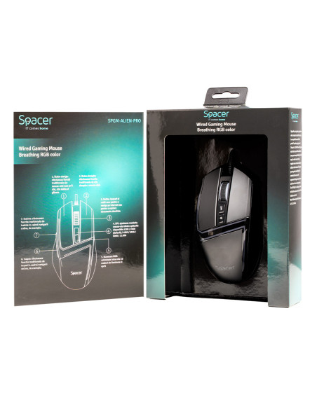 MOUSE Spacer - gaming, gaming, cu fir, USB, optic, 12.000 dpi, butoane/scroll 7/1, iluminare RGB, negru, "SPGM-ALIEN-PRO"