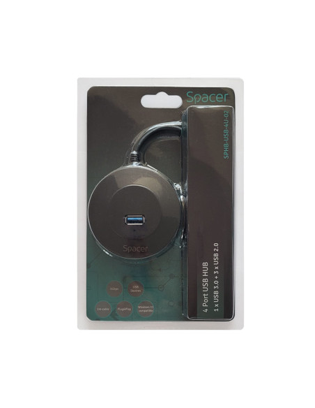 HUB extern SPACER, porturi USB:USB 3.0 X 1, USB 2.0 x 3, conectare prin USB 3.0, cablu 1m,Plastic ABS, Negru, , "SPHB-USB-4U-02"