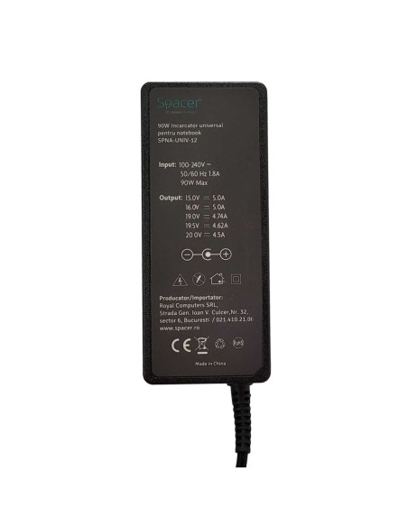ALIMENTATOR Notebook Universal AC-DC, SPACER, 90W comutare automata tensiune - compatibil cu majoritatea NB, 12 tipuri de mufe,
