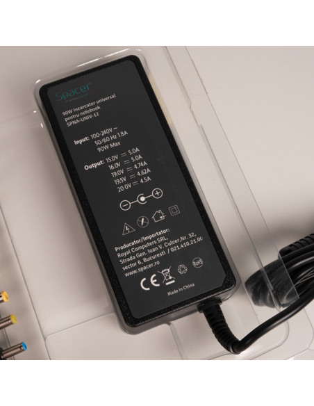 ALIMENTATOR Notebook Universal AC-DC, SPACER, 90W comutare automata tensiune - compatibil cu majoritatea NB, 12 tipuri de mufe,