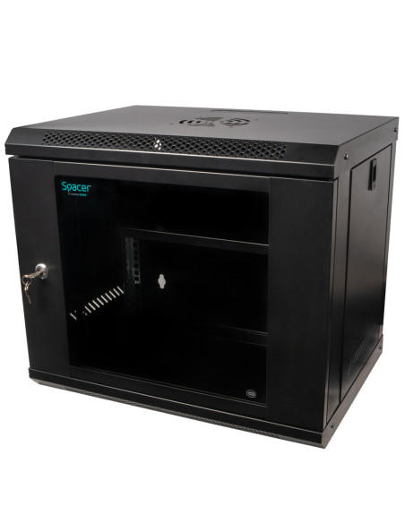 CABINET 19" SPACER 9U 500x400mm, fixare pe perete, Flatpack (dezasamblat), Black, usa sticla cu blocare, panouri detasabile, ote