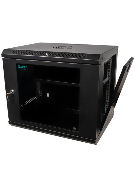CABINET 19" SPACER 9U 500x400mm, fixare pe perete, Flatpack (dezasamblat), Black, usa sticla cu blocare, panouri detasabile, ote