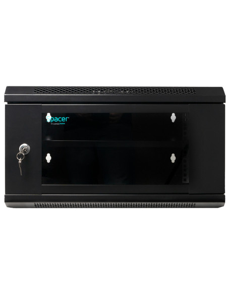 CABINET 19" SPACER 6U 500x450mm, fixare pe perete, Flatpack (dezasamblat), Black, usa sticla cu blocare, panouri detasabile, ote