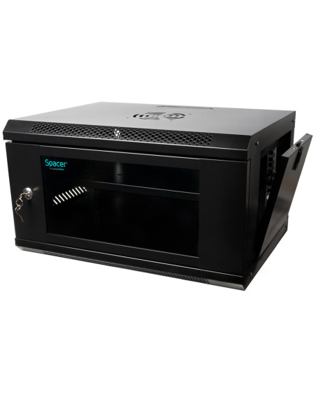 CABINET 19" SPACER 6U 500x450mm, fixare pe perete, Flatpack (dezasamblat), Black, usa sticla cu blocare, panouri detasabile, ote