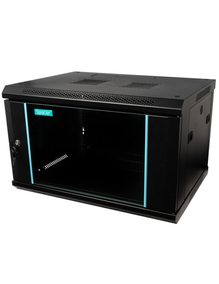 CABINET 19" SPACER 6U 600x450mm, fixare pe perete, Flatpack (dezasamblat), Black, usa sticla cu blocare, panouri detasabile, ote
