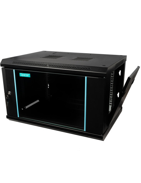 CABINET 19" SPACER 6U 600x450mm, fixare pe perete, Flatpack (dezasamblat), Black, usa sticla cu blocare, panouri detasabile, ote
