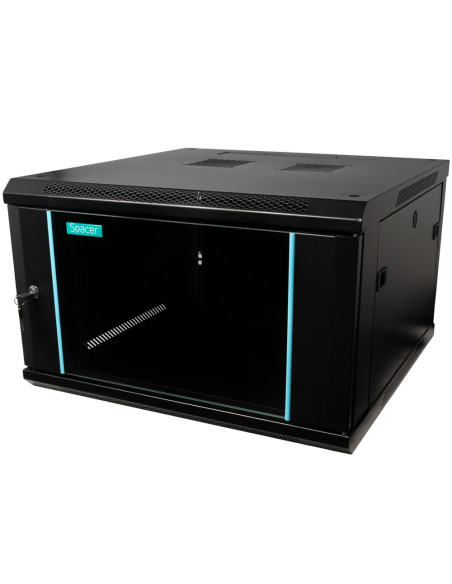 CABINET 19" SPACER 6U 600x600mm, fixare pe perete, Flatpack (dezasamblat), Black, usa sticla cu blocare, panouri detasabile, ote