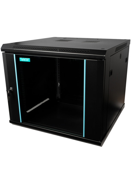 CABINET 19" SPACER 9U 600x600mm, fixare pe perete, Flatpack (dezasamblat), Black, usa sticla cu blocare, panouri detasabile, ote