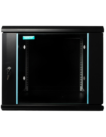 CABINET 19" SPACER 9U 600x600mm, fixare pe perete, Flatpack (dezasamblat), Black, usa sticla cu blocare, panouri detasabile, ote