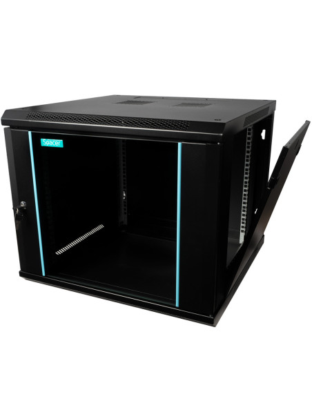 CABINET 19" SPACER 9U 600x600mm, fixare pe perete, Flatpack (dezasamblat), Black, usa sticla cu blocare, panouri detasabile, ote