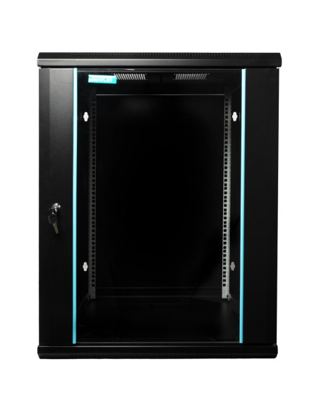 CABINET 19" SPACER 15U 600x600mm, fixare pe perete, Flatpack (dezasamblat), Black, usa sticla cu blocare, panouri detasabile, ot