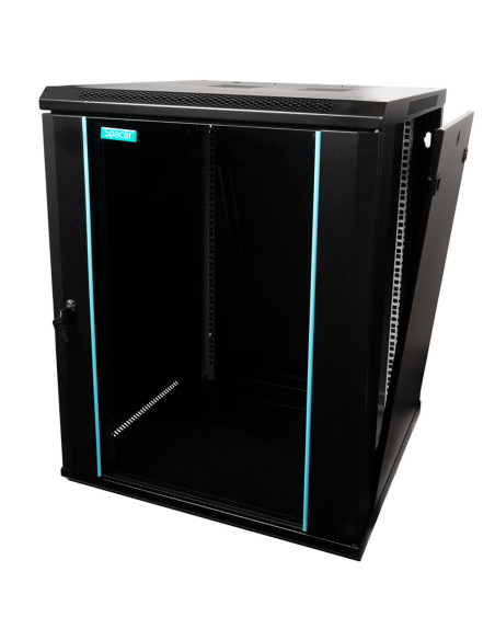 CABINET 19" SPACER 15U 600x600mm, fixare pe perete, Flatpack (dezasamblat), Black, usa sticla cu blocare, panouri detasabile, ot