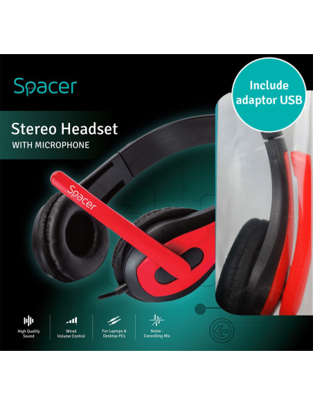 CASTI Spacer, cu fir, standard, utilizare multimedia, microfon pe brat, conectare prin adaptor USB 2.0 sau Jack 3.5 mm x 2, negr