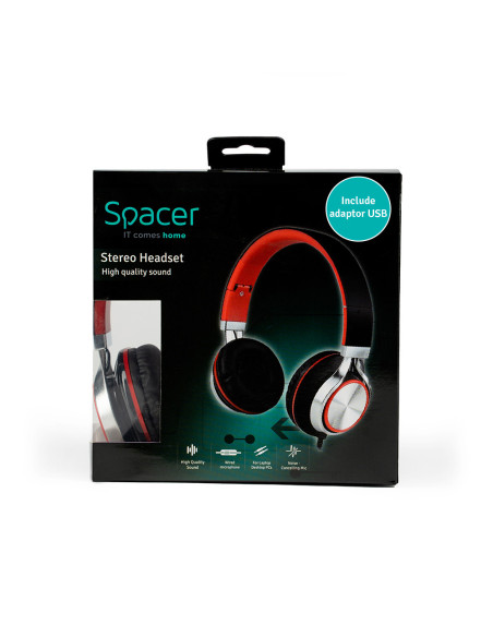 CASTI Spacer, cu fir, standard, utilizare multimedia, microfon pe fir, pliabile, banda ajustabila, conectare prin adaptor USB 2.