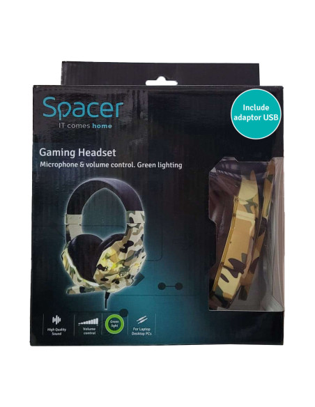 CASTI Spacer, cu fir, standard, utilizare gaming, microfon pe brat, conectare prin adaptor USB 2.0 sau Jack 3.5 mm x 2, lumina v