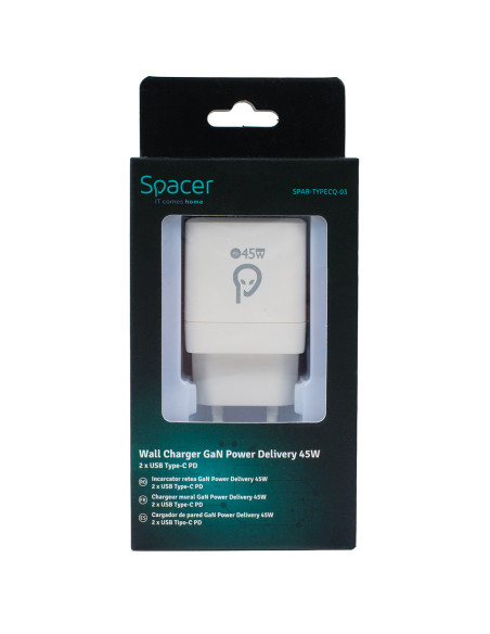 ALIMENTATOR retea SPACER Power Delivery, GaN, 2 x USB Type-C PD (max 45W) "SPAR-TYPECQ-03"